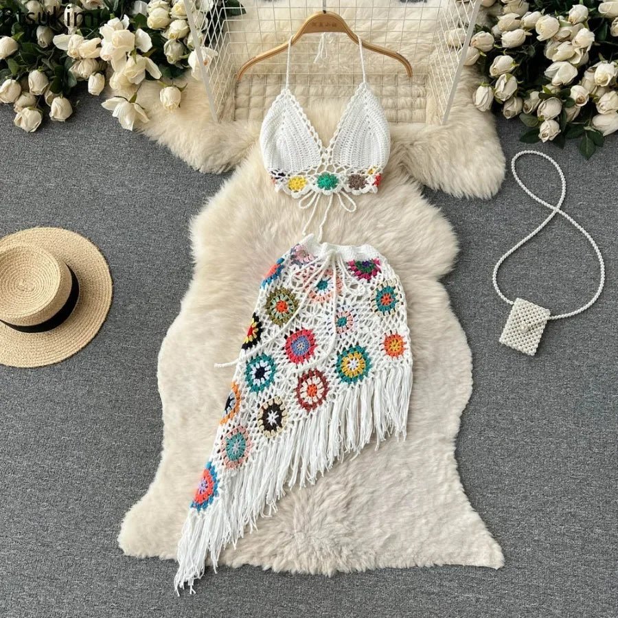 2026Women's Summer Bohemian Style Holiday knitted Set Tassel Halter Top WithSkirt Set Knitted Skirt Suit Two Piece Set for Women - MAGUSTA BEAUTY