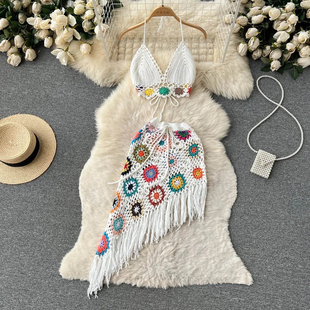 2026Women's Summer Bohemian Style Holiday knitted Set Tassel Halter Top WithSkirt Set Knitted Skirt Suit Two Piece Set for Women - MAGUSTA BEAUTY
