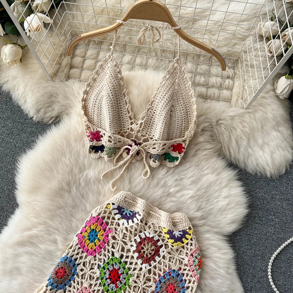 2026Women's Summer Bohemian Style Holiday knitted Set Tassel Halter Top WithSkirt Set Knitted Skirt Suit Two Piece Set for Women - MAGUSTA BEAUTY