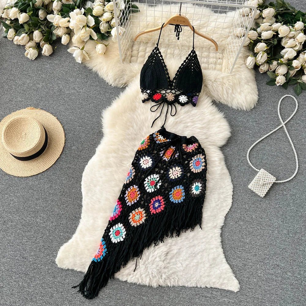 2026Women's Summer Bohemian Style Holiday knitted Set Tassel Halter Top WithSkirt Set Knitted Skirt Suit Two Piece Set for Women - MAGUSTA BEAUTY