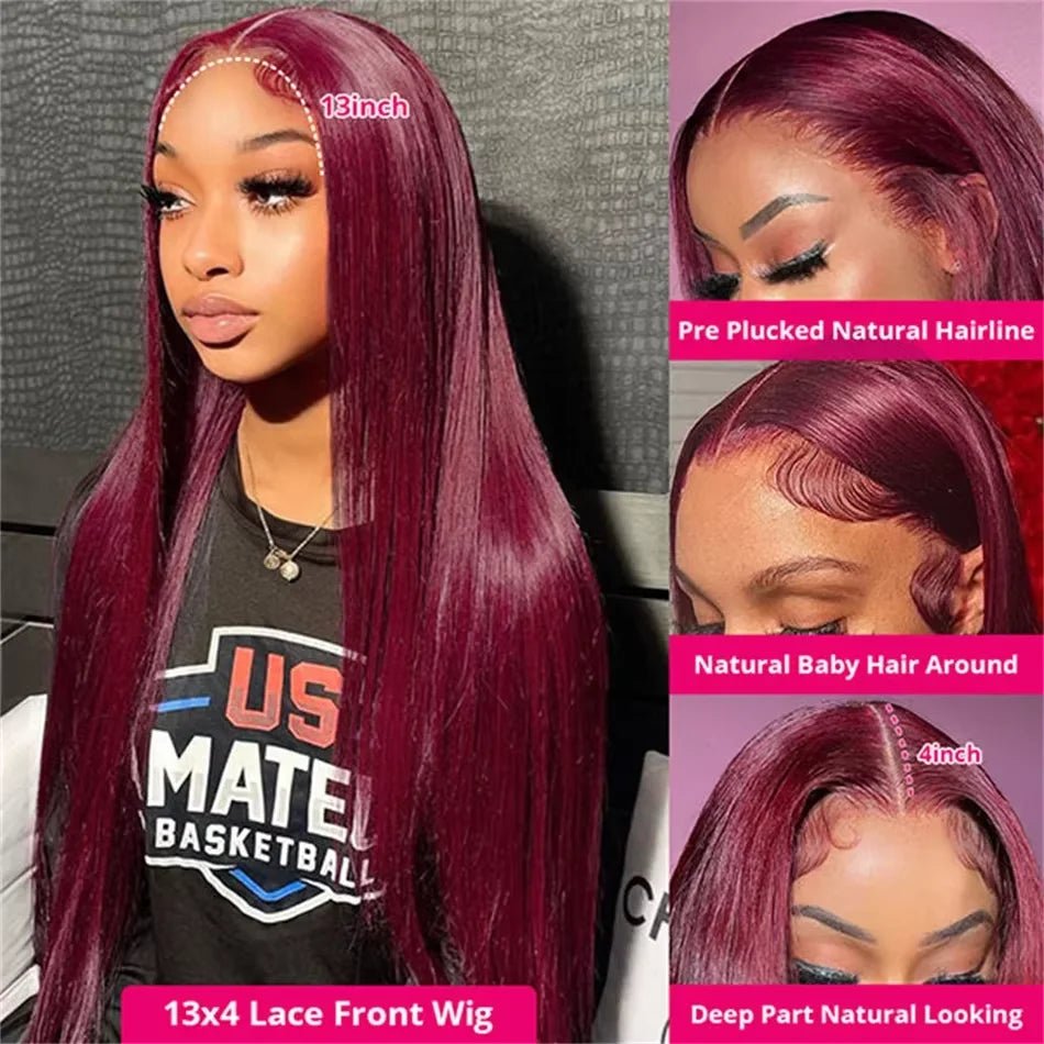 250 Density 99J Burgundy 13x4 Brazilian HD Lace Front Wig For Women Straight Red 30 Inch Glueless Lace Frontal Human Hair Wigs - MAGUSTA BEAUTY