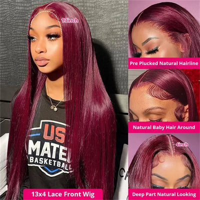 250 Density 99J Burgundy 13x4 Brazilian HD Lace Front Wig For Women Straight Red 30 Inch Glueless Lace Frontal Human Hair Wigs - MAGUSTA BEAUTY