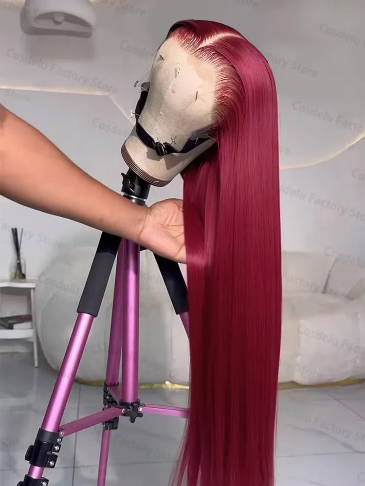 250 Density 99J Burgundy 13x4 Brazilian HD Lace Front Wig For Women Straight Red 30 Inch Glueless Lace Frontal Human Hair Wigs - MAGUSTA BEAUTY