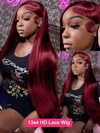 250 Density 99J Burgundy 13x4 Brazilian HD Lace Front Wig For Women Straight Red 30 Inch Glueless Lace Frontal Human Hair Wigs - MAGUSTA BEAUTY
