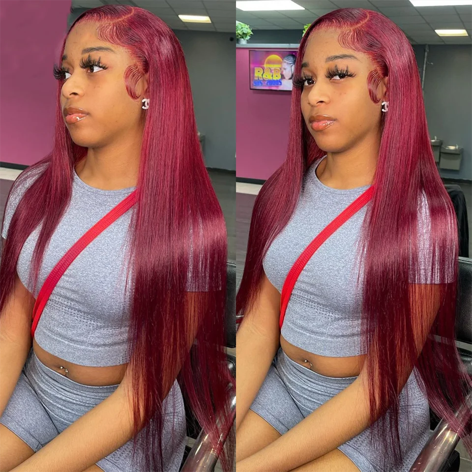 250 Density 99J Burgundy 13x6 Lace Frontal Human Hair Wigs Brazilian Colored 30 40 Inch Straight Red Lace Front Wigs Human Hair - MAGUSTA BEAUTY
