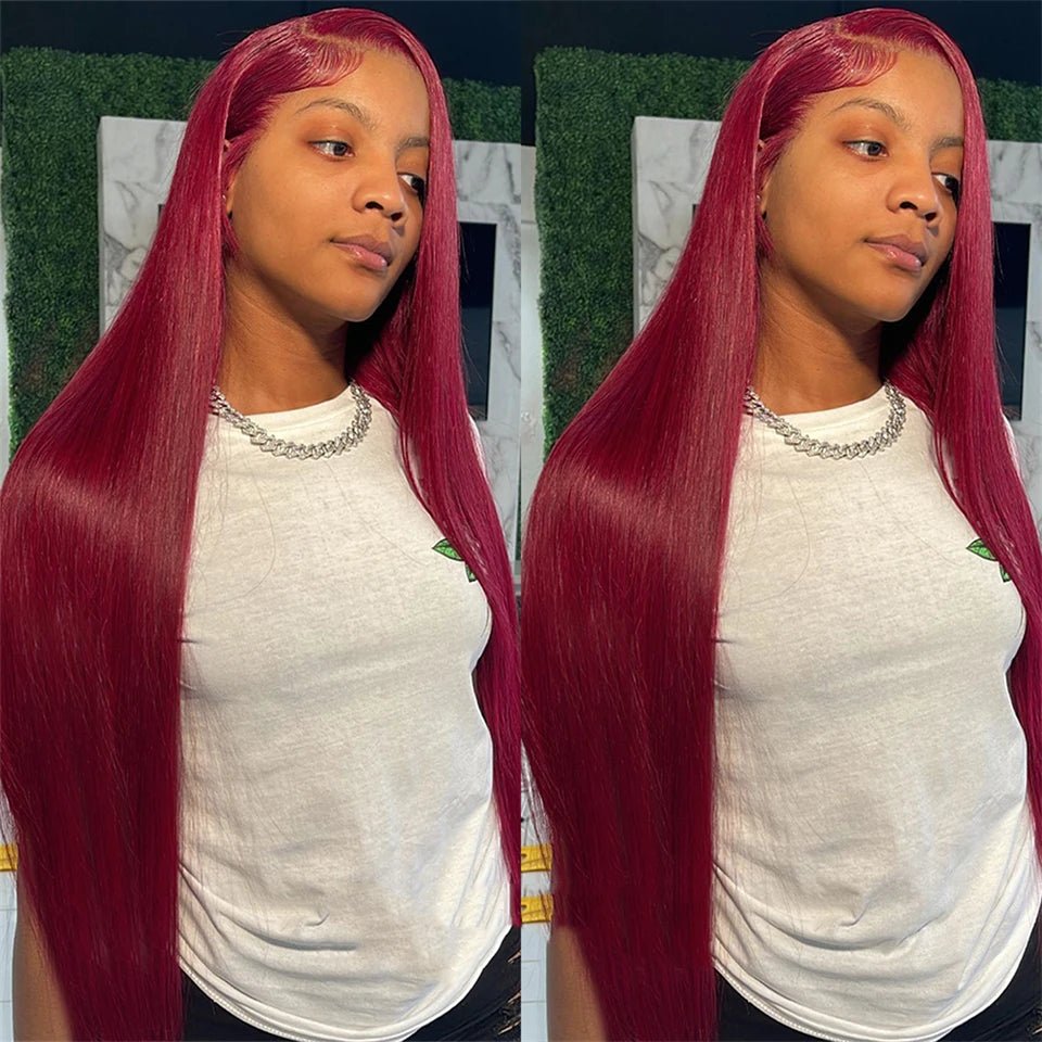 250 Density 99J Burgundy 13x6 Lace Frontal Human Hair Wigs Brazilian Colored 30 40 Inch Straight Red Lace Front Wigs Human Hair - MAGUSTA BEAUTY
