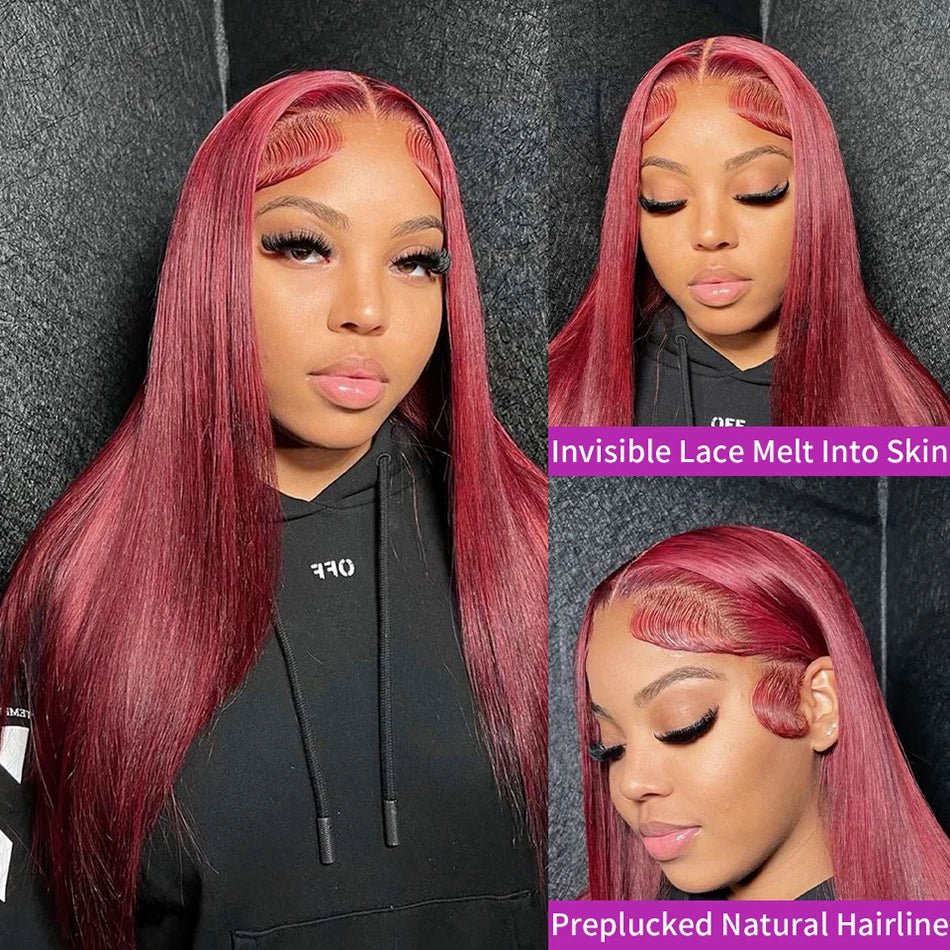 250 Density 99J Burgundy 13x6 Lace Frontal Human Hair Wigs Brazilian Colored 30 40 Inch Straight Red Lace Front Wigs Human Hair - MAGUSTA BEAUTY