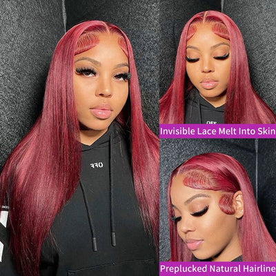 250 Density 99J Burgundy 13x6 Lace Frontal Human Hair Wigs Brazilian Colored 30 40 Inch Straight Red Lace Front Wigs Human Hair - MAGUSTA BEAUTY