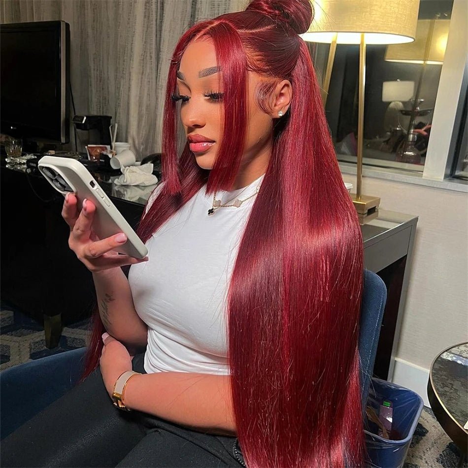 250 Density 99J Burgundy 13x6 Lace Frontal Human Hair Wigs Brazilian Colored 30 40 Inch Straight Red Lace Front Wigs Human Hair - MAGUSTA BEAUTY
