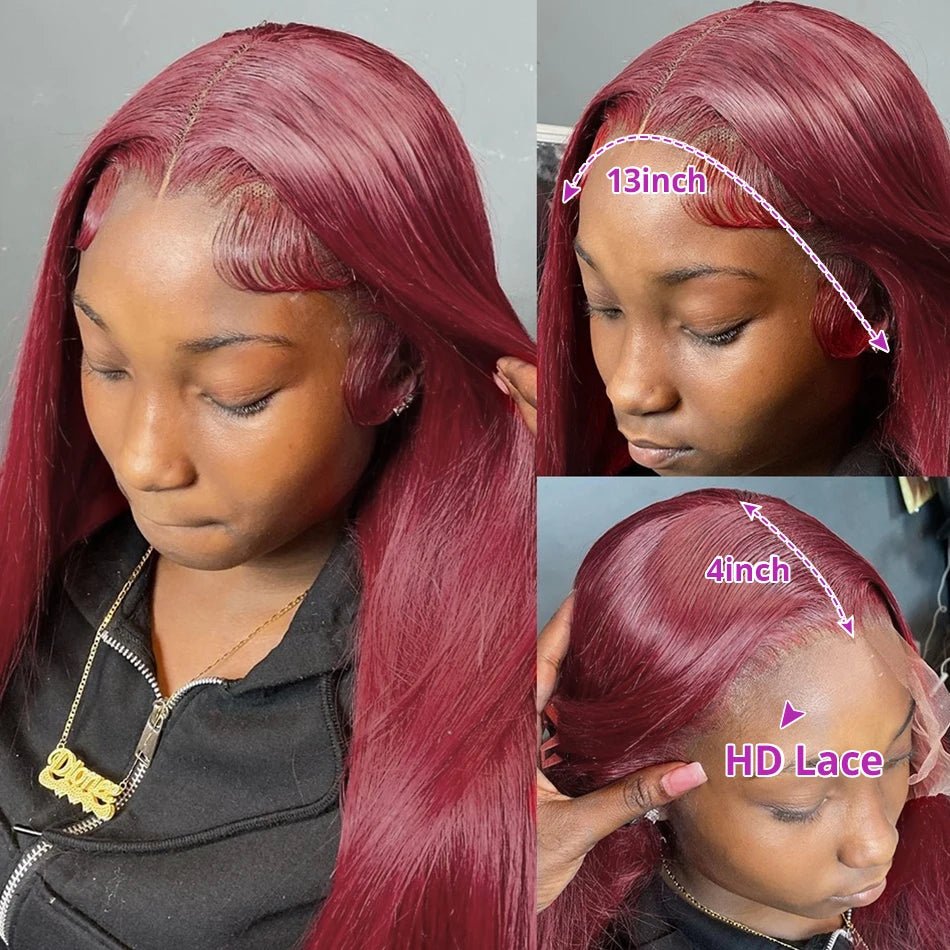 250 Density 99J Burgundy 13x6 Lace Frontal Human Hair Wigs Brazilian Colored 30 40 Inch Straight Red Lace Front Wigs Human Hair - MAGUSTA BEAUTY