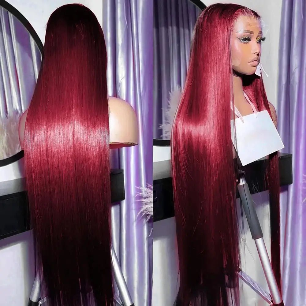 250 Density 99J Burgundy 13x6 Lace Frontal Human Hair Wigs Brazilian Colored 30 40 Inch Straight Red Lace Front Wigs Human Hair - MAGUSTA BEAUTY