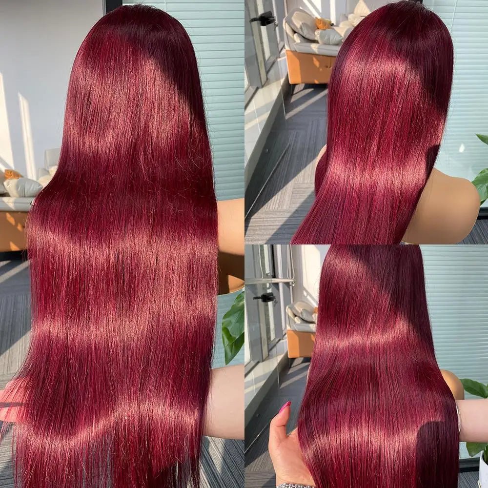 250 Density 99J Burgundy 13x6 Lace Frontal Human Hair Wigs Brazilian Colored 30 40 Inch Straight Red Lace Front Wigs Human Hair - MAGUSTA BEAUTY