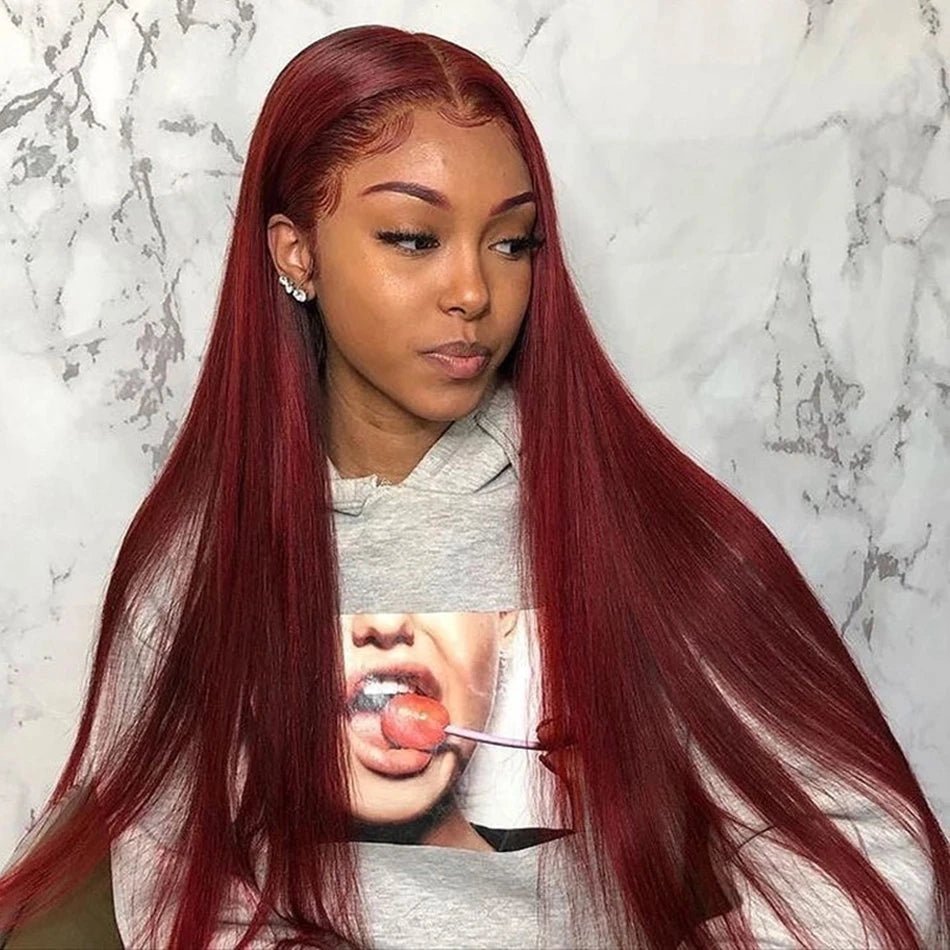 250 Density 99J Burgundy 13x6 Lace Frontal Human Hair Wigs Brazilian Colored 30 40 Inch Straight Red Lace Front Wigs Human Hair - MAGUSTA BEAUTY