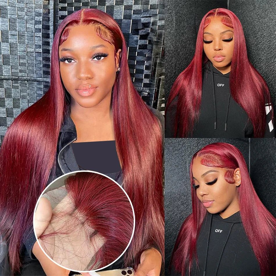 250 Density 99J Burgundy 13x6 Lace Frontal Human Hair Wigs Brazilian Colored 30 40 Inch Straight Red Lace Front Wigs Human Hair - MAGUSTA BEAUTY