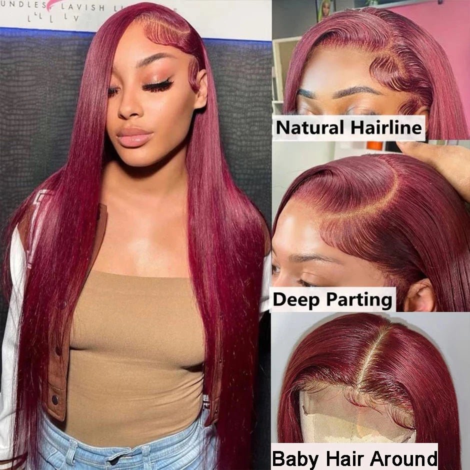 250 Density 99J Burgundy 13x6 Lace Frontal Human Hair Wigs Brazilian Colored 30 40 Inch Straight Red Lace Front Wigs Human Hair - MAGUSTA BEAUTY
