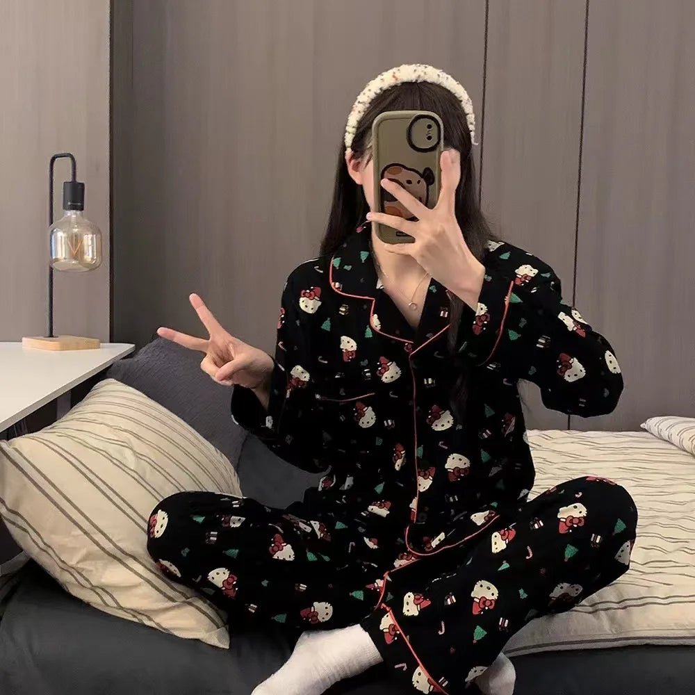 2Pcs/Set Christmas Hello Kitty Pajama Set Anime Cute Woman's Home Wear Cartoon Casual Pajamas Couple Sleep Clothing Loungewear - MAGUSTA BEAUTY