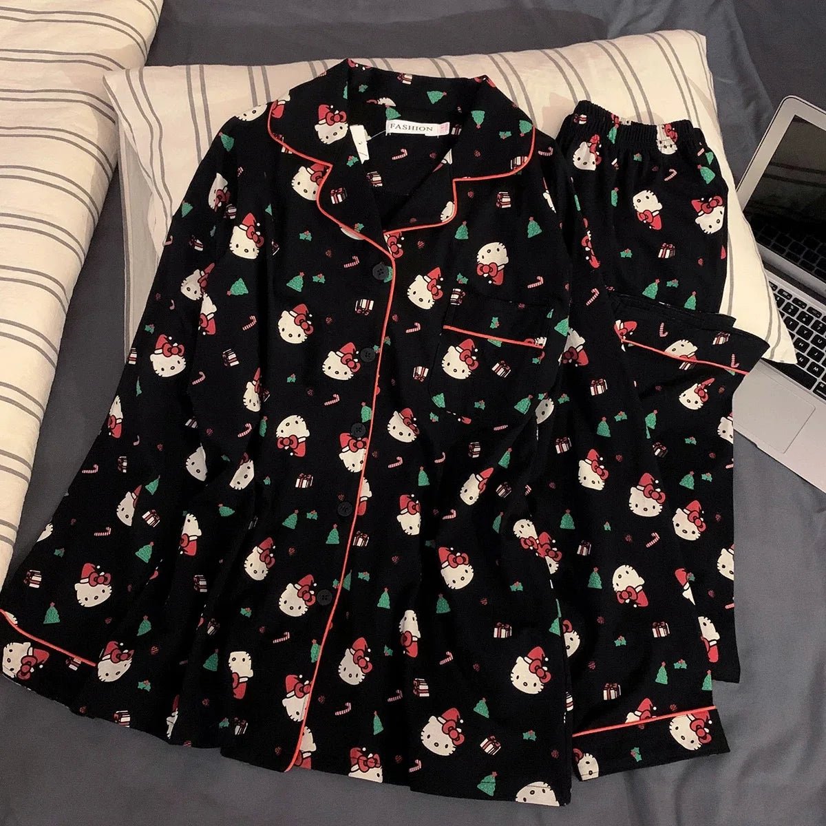 2Pcs/Set Christmas Hello Kitty Pajama Set Anime Cute Woman's Home Wear Cartoon Casual Pajamas Couple Sleep Clothing Loungewear - MAGUSTA BEAUTY