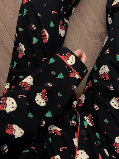 2Pcs/Set Christmas Hello Kitty Pajama Set Anime Cute Woman's Home Wear Cartoon Casual Pajamas Couple Sleep Clothing Loungewear - MAGUSTA BEAUTY