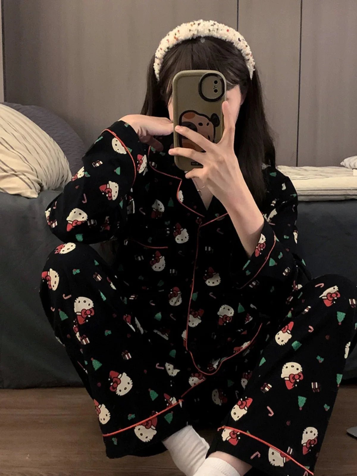 2Pcs/Set Christmas Hello Kitty Pajama Set Anime Cute Woman's Home Wear Cartoon Casual Pajamas Couple Sleep Clothing Loungewear - MAGUSTA BEAUTY