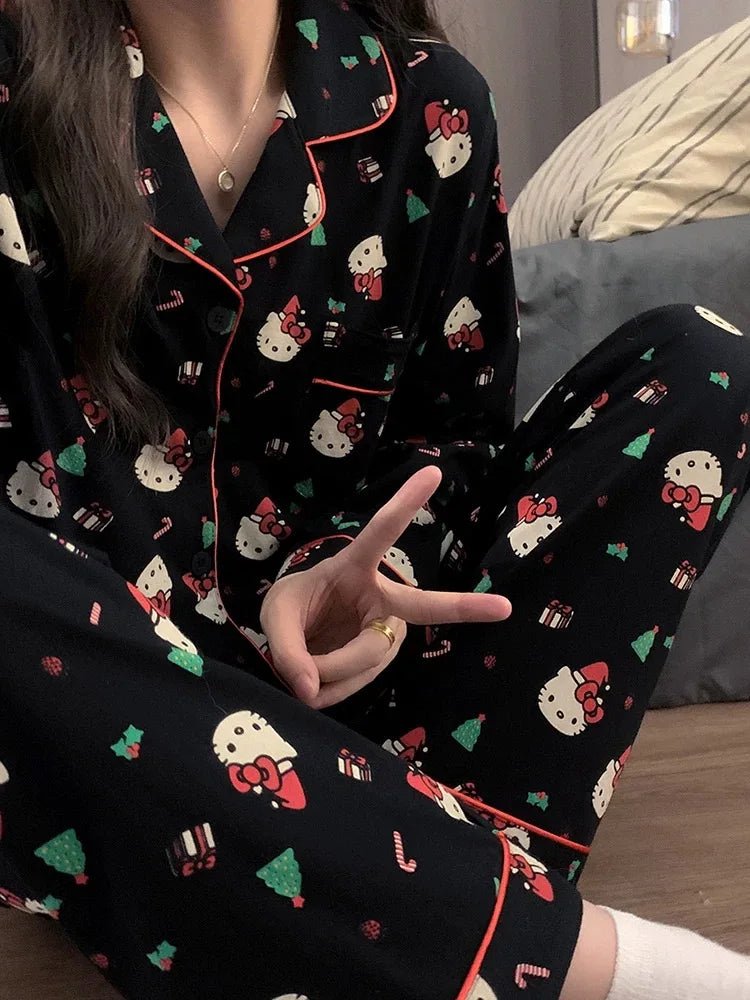 2Pcs/Set Christmas Hello Kitty Pajama Set Anime Cute Woman's Home Wear Cartoon Casual Pajamas Couple Sleep Clothing Loungewear - MAGUSTA BEAUTY