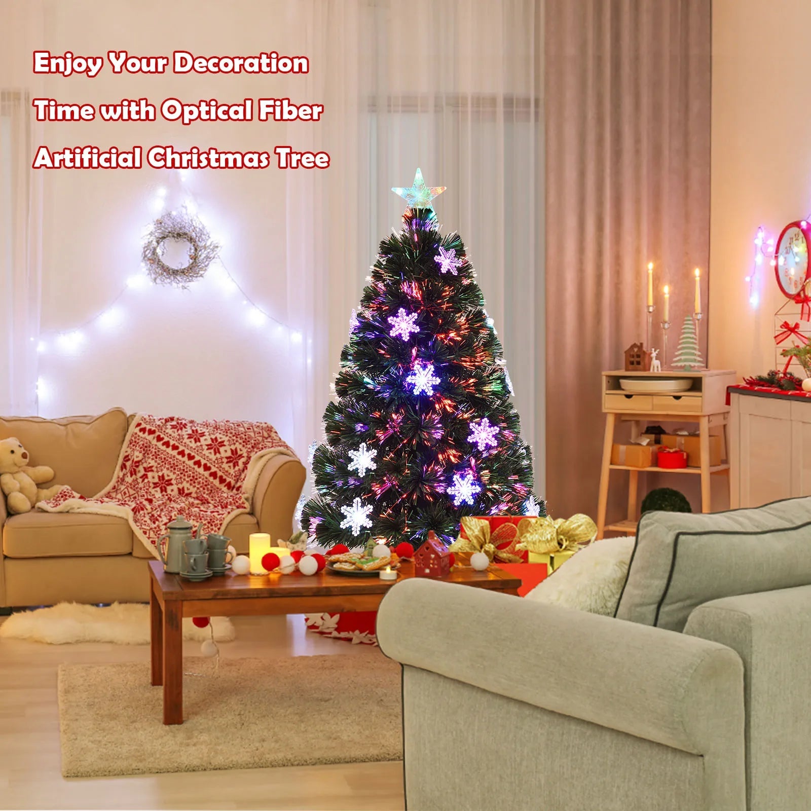 3/ 4/ 5/ 6 FT Fiber Optic Artificial Christmas Tree Pre - Lit Christmas Tree, Xmas Full Tree, Xmas Holiday Decor for Office, Home - MAGUSTA BEAUTY