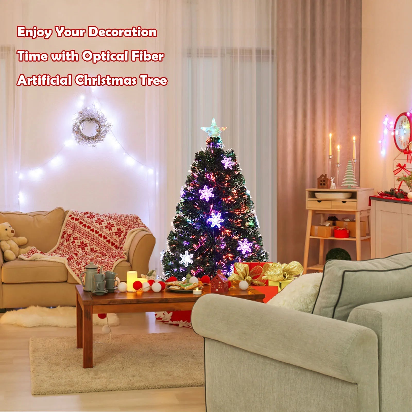 3/ 4/ 5/ 6 FT Fiber Optic Artificial Christmas Tree Pre - Lit Christmas Tree, Xmas Full Tree, Xmas Holiday Decor for Office, Home - MAGUSTA BEAUTY