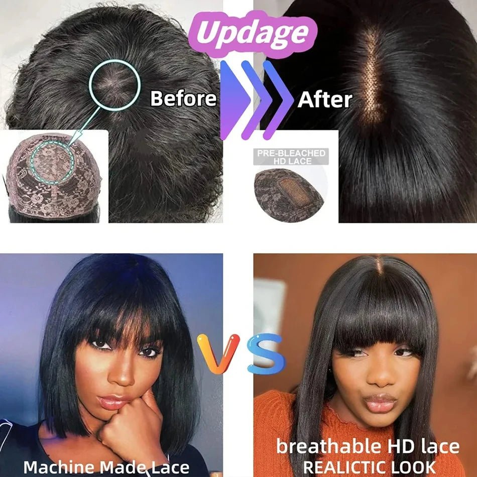3X1 Middle Part Lace Wig Bob Wigs Full Machine Made Bone Straight Human Hair Wigs With Bangs Short Bob Human Hair Wigs For Women - MAGUSTA BEAUTY