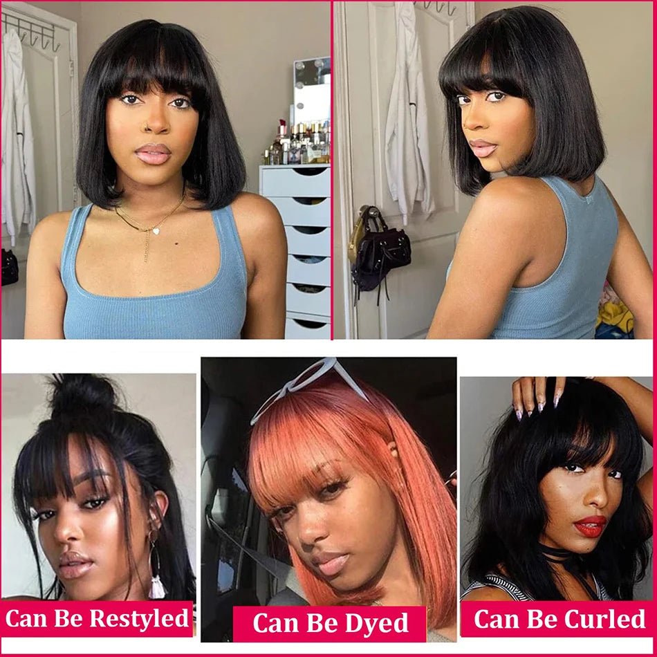 3X1 Middle Part Lace Wig Bob Wigs Full Machine Made Bone Straight Human Hair Wigs With Bangs Short Bob Human Hair Wigs For Women - MAGUSTA BEAUTY