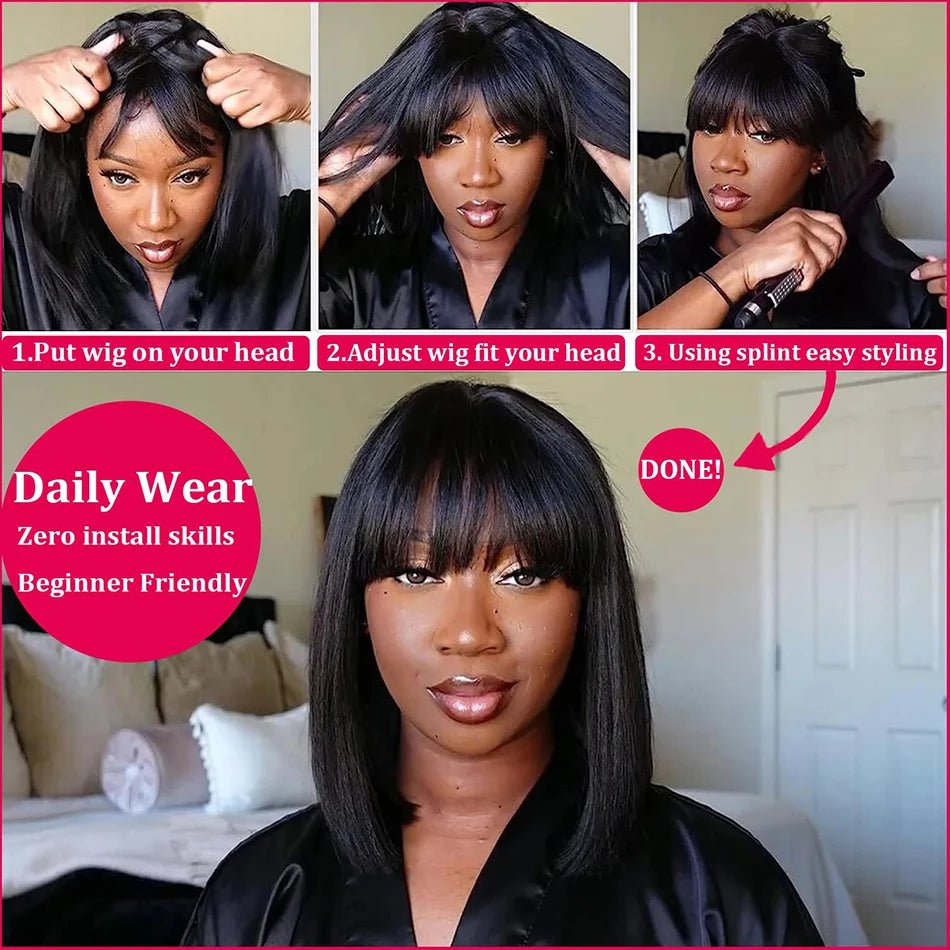 3X1 Middle Part Lace Wig Bob Wigs Full Machine Made Bone Straight Human Hair Wigs With Bangs Short Bob Human Hair Wigs For Women - MAGUSTA BEAUTY