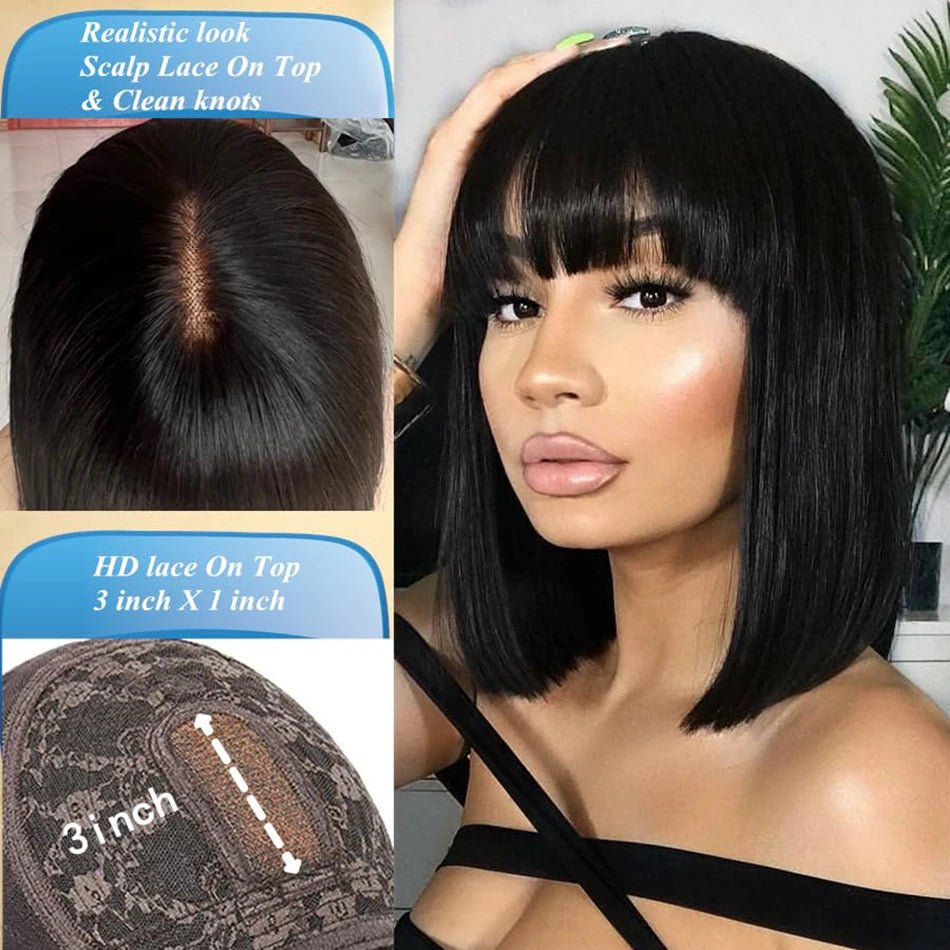 3X1 Middle Part Lace Wig Bob Wigs Full Machine Made Bone Straight Human Hair Wigs With Bangs Short Bob Human Hair Wigs For Women - MAGUSTA BEAUTY