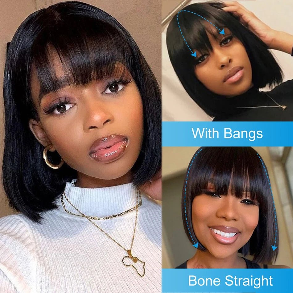 3X1 Middle Part Lace Wig Bob Wigs Full Machine Made Bone Straight Human Hair Wigs With Bangs Short Bob Human Hair Wigs For Women - MAGUSTA BEAUTY