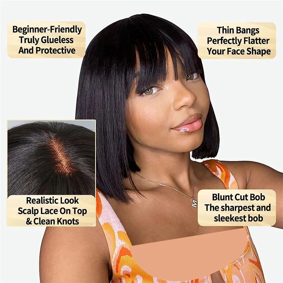 3X1 Middle Part Lace Wig Bob Wigs Full Machine Made Bone Straight Human Hair Wigs With Bangs Short Bob Human Hair Wigs For Women - MAGUSTA BEAUTY