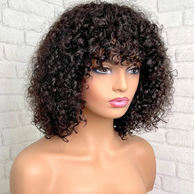 4 Colored Chocolate Brown Short Curly Bob Wig with Bangs For Women Deep Wave Human Hair Wigs Full Machine Made Natural Remy Wig - MAGUSTA BEAUTY