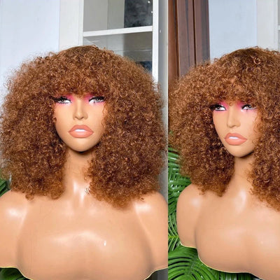 4 Colored Chocolate Brown Short Curly Bob Wig with Bangs For Women Deep Wave Human Hair Wigs Full Machine Made Natural Remy Wig - MAGUSTA BEAUTY