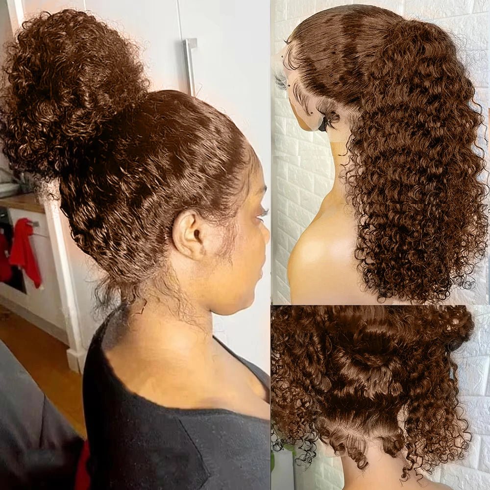 4C Edges Invisible Strap 360 Full HD Lace Wig Curly Glueless Human Hair Wig Chocolate Brown Lace Front Wig Deep Wave Frontal Wig - MAGUSTA BEAUTY