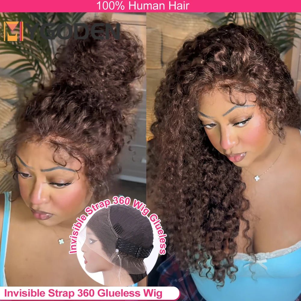 4C Edges Invisible Strap 360 Full HD Lace Wig Curly Glueless Human Hair Wig Chocolate Brown Lace Front Wig Deep Wave Frontal Wig - MAGUSTA BEAUTY