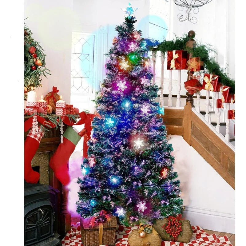 6 ft Pre - Lit Optical Fiber Christmas Artificial Tree, RGB Color Changing LED Lights, Snowflakes & Top Star, Fake Xmas Tree. - MAGUSTA BEAUTY