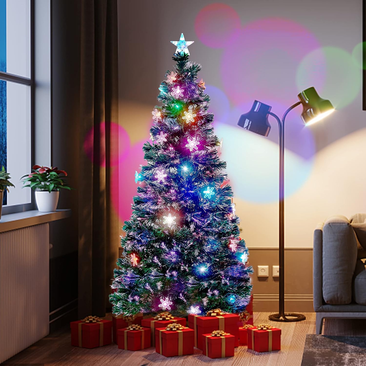 6 ft Pre - Lit Optical Fiber Christmas Artificial Tree, RGB Color Changing LED Lights, Snowflakes & Top Star, Fake Xmas Tree. - MAGUSTA BEAUTY