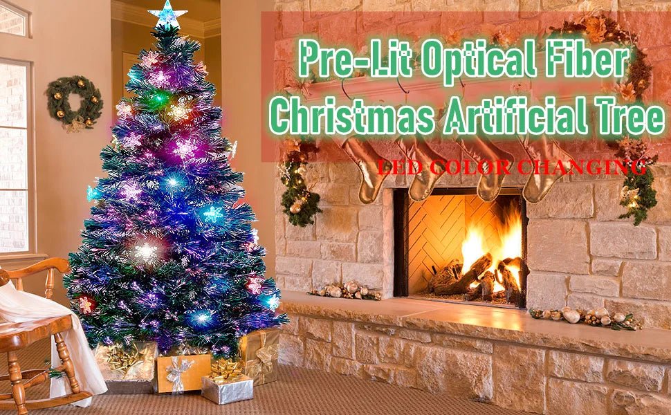 6 ft Pre - Lit Optical Fiber Christmas Artificial Tree, RGB Color Changing LED Lights, Snowflakes & Top Star, Fake Xmas Tree. - MAGUSTA BEAUTY