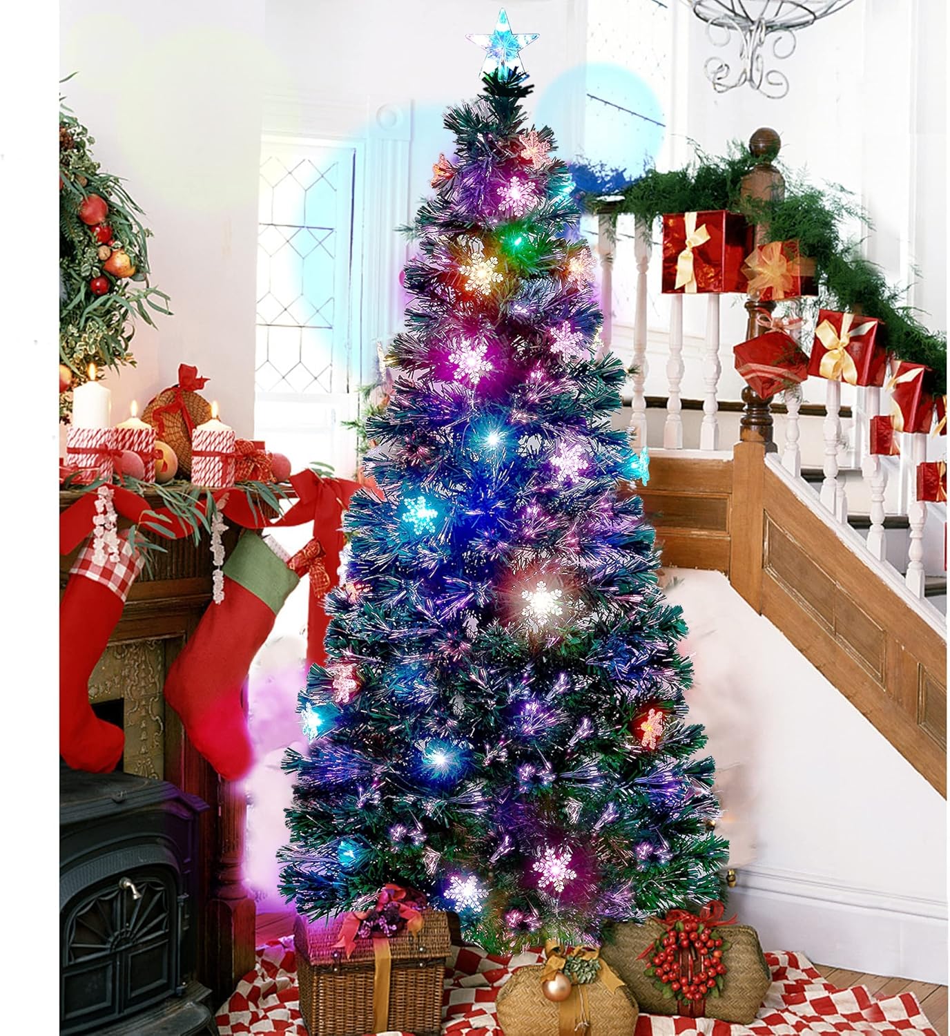 6 ft Pre - Lit Optical Fiber Christmas Artificial Tree, RGB Color Changing LED Lights, Snowflakes & Top Star, Fake Xmas Tree. - MAGUSTA BEAUTY