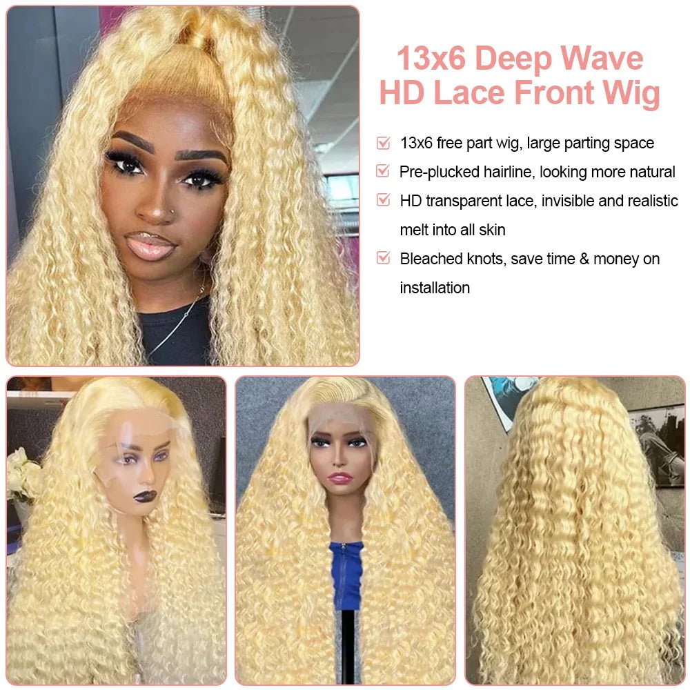 613 Curly Honey Blonde Lace Front Human Hair Wigs Loose Deep Wave 13x6 13×4 HD Water Wave Color Transparent Lace Frontal Wigs - MAGUSTA BEAUTY