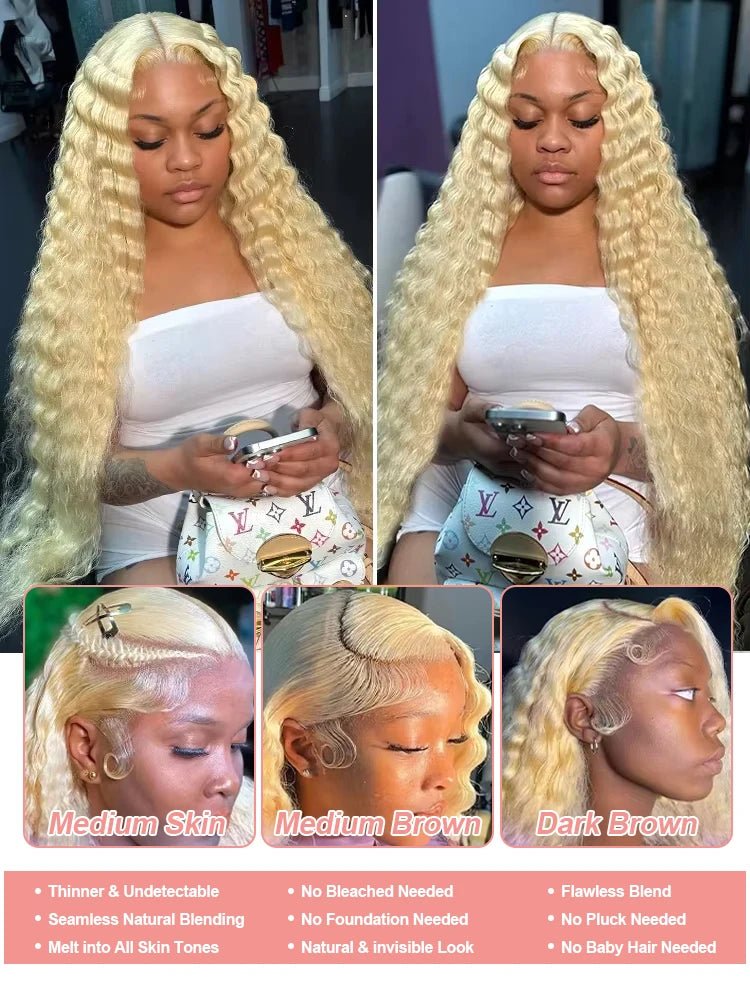 613 Curly Honey Blonde Lace Front Human Hair Wigs Loose Deep Wave 13x6 13×4 HD Water Wave Color Transparent Lace Frontal Wigs - MAGUSTA BEAUTY