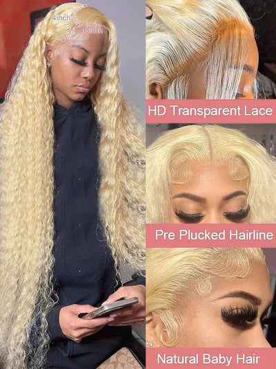 613 Curly Honey Blonde Lace Front Human Hair Wigs Loose Deep Wave 13x6 13×4 HD Water Wave Color Transparent Lace Frontal Wigs - MAGUSTA BEAUTY