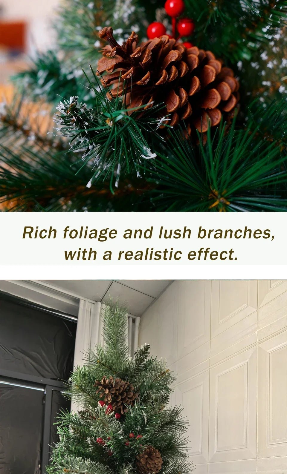 6/7FT Realistic Green Artificial Christmas Tree,Unlit,Decorated with Natural Pinecones & Holly Berries, Quick Setup,Metal Stand - MAGUSTA BEAUTY