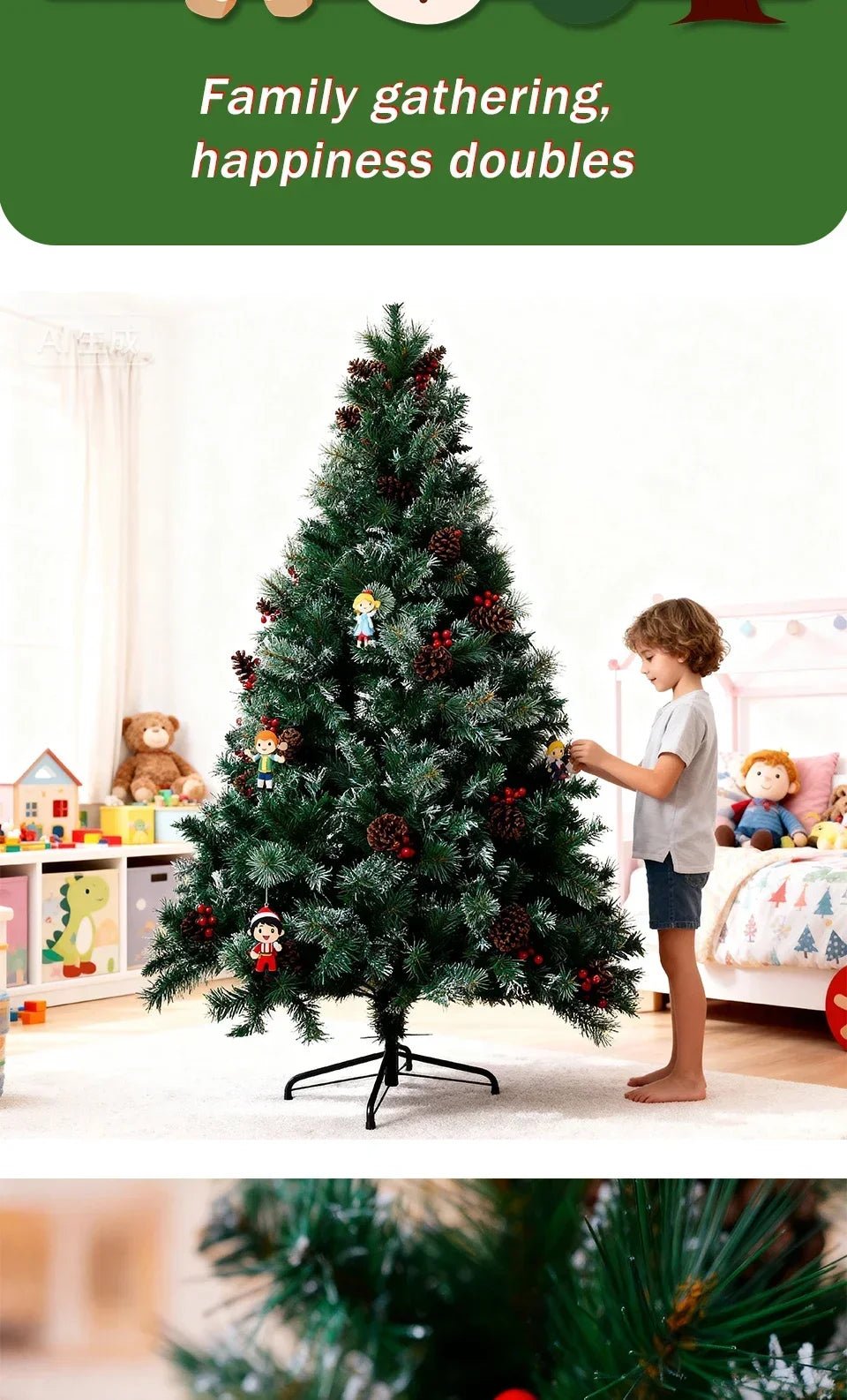 6/7FT Realistic Green Artificial Christmas Tree,Unlit,Decorated with Natural Pinecones & Holly Berries, Quick Setup,Metal Stand - MAGUSTA BEAUTY