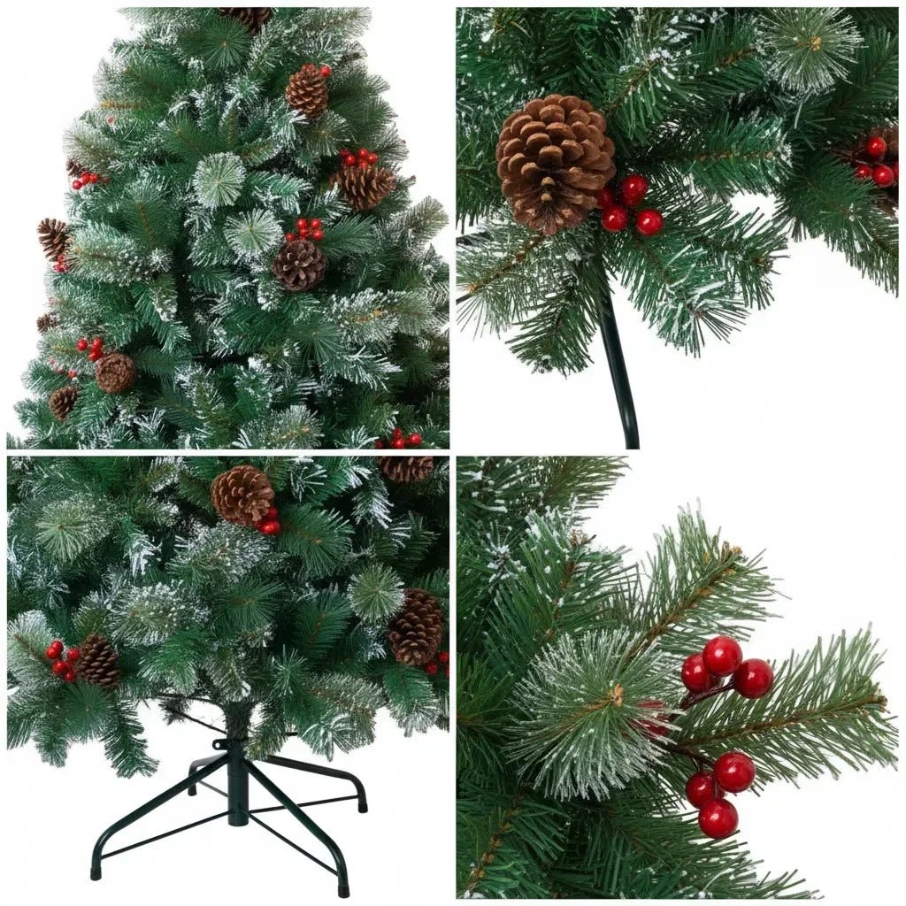 6/7FT Realistic Green Artificial Christmas Tree,Unlit,Decorated with Natural Pinecones & Holly Berries, Quick Setup,Metal Stand - MAGUSTA BEAUTY