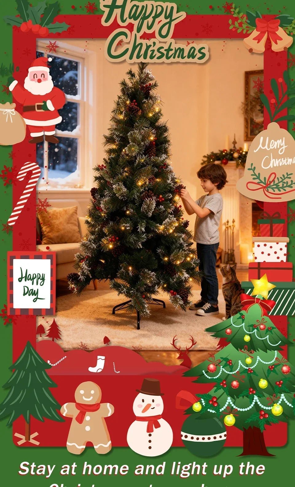 6/7FT Realistic Green Artificial Christmas Tree,Unlit,Decorated with Natural Pinecones & Holly Berries, Quick Setup,Metal Stand - MAGUSTA BEAUTY