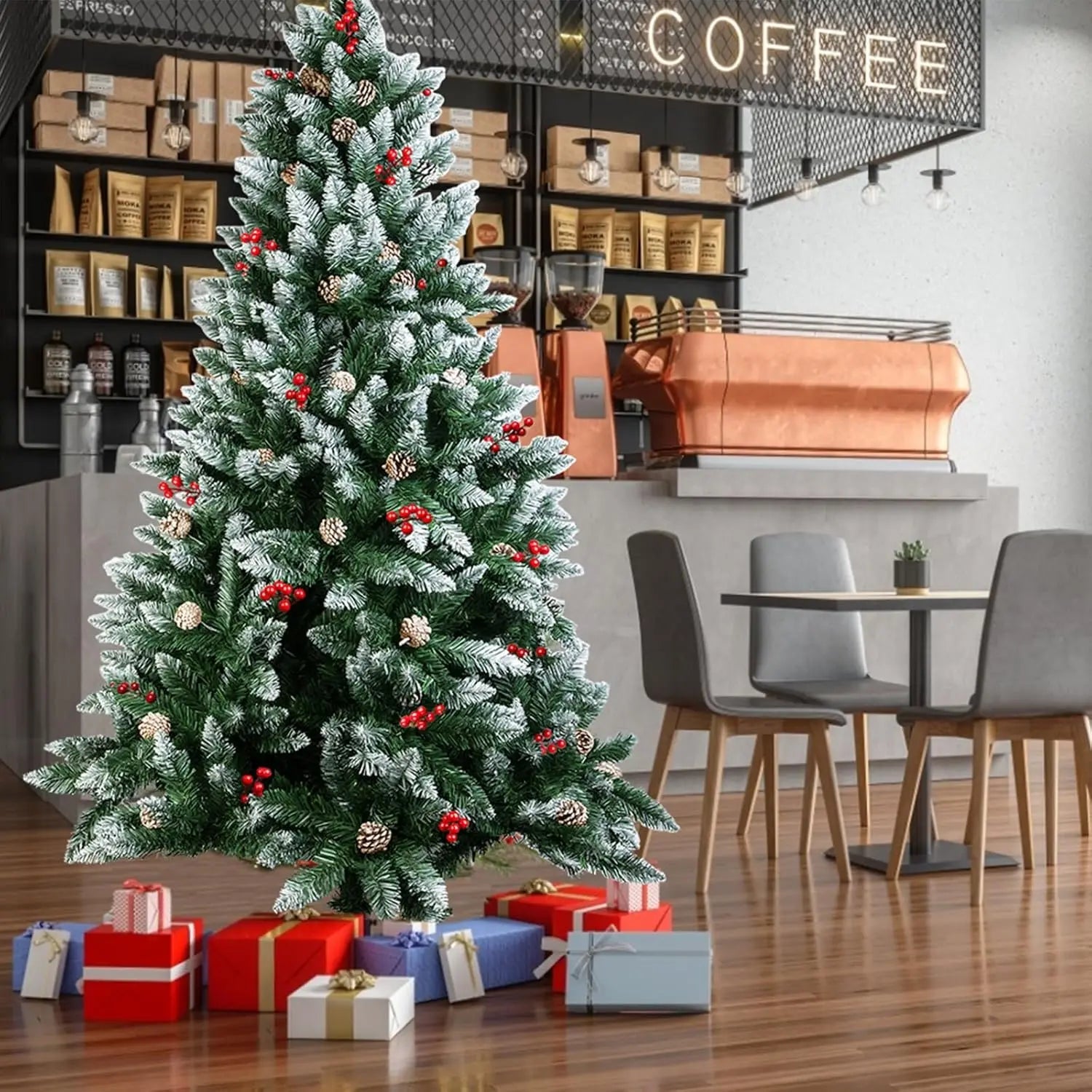 6/7FT Realistic Green Artificial Christmas Tree,Unlit,Decorated with Natural Pinecones & Holly Berries, Quick Setup,Metal Stand - MAGUSTA BEAUTY