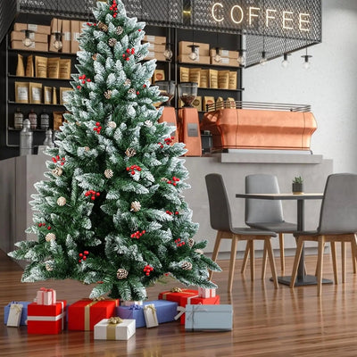 6/7FT Realistic Green Artificial Christmas Tree,Unlit,Decorated with Natural Pinecones & Holly Berries, Quick Setup,Metal Stand - MAGUSTA BEAUTY