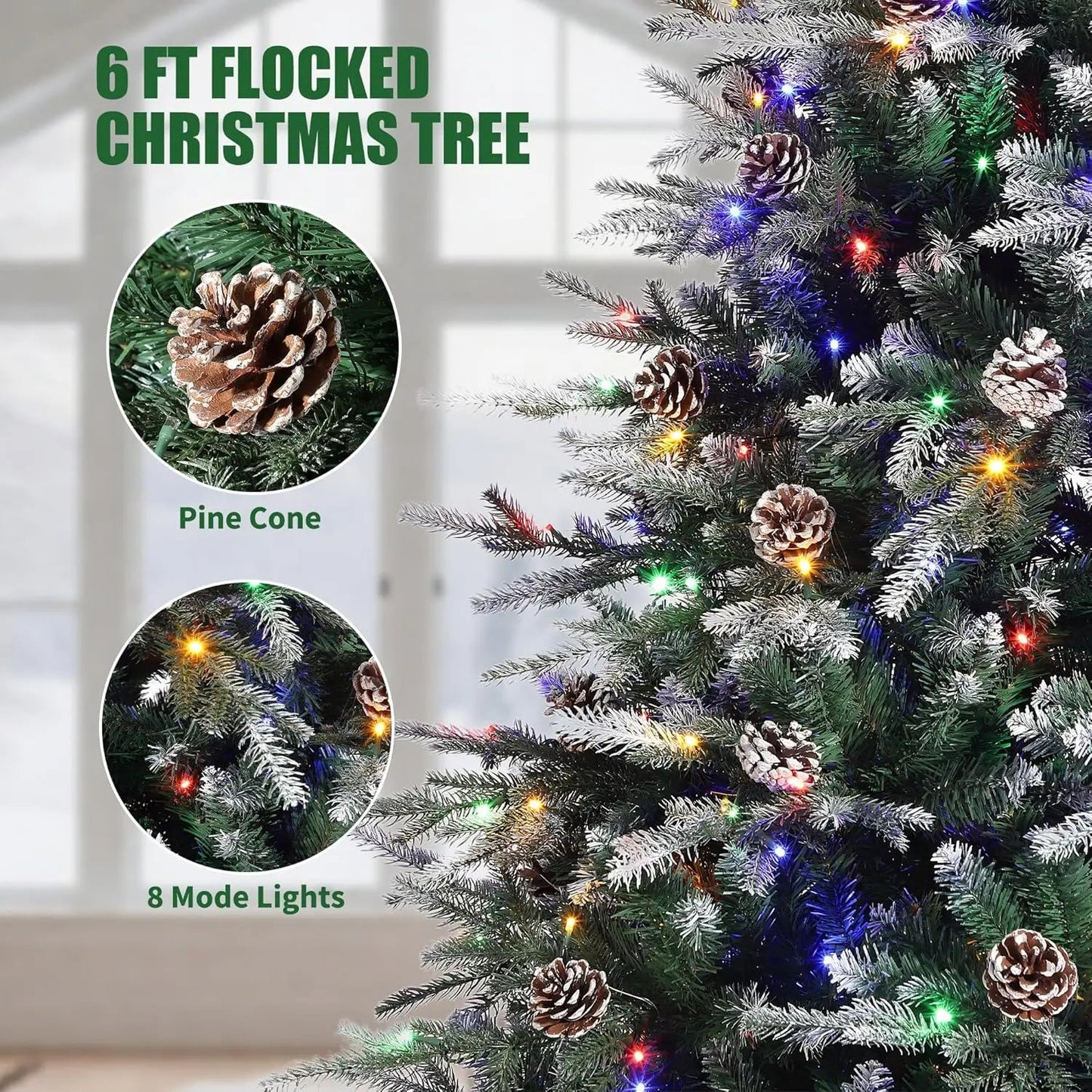 6Ft/7.5Ft/9Ft Pre - Lit Snow Flocked Christmas Tree 8 - Modes LED Lights Prelit Artificial Tree With Fake Pine Cones For Home Decor - MAGUSTA BEAUTY